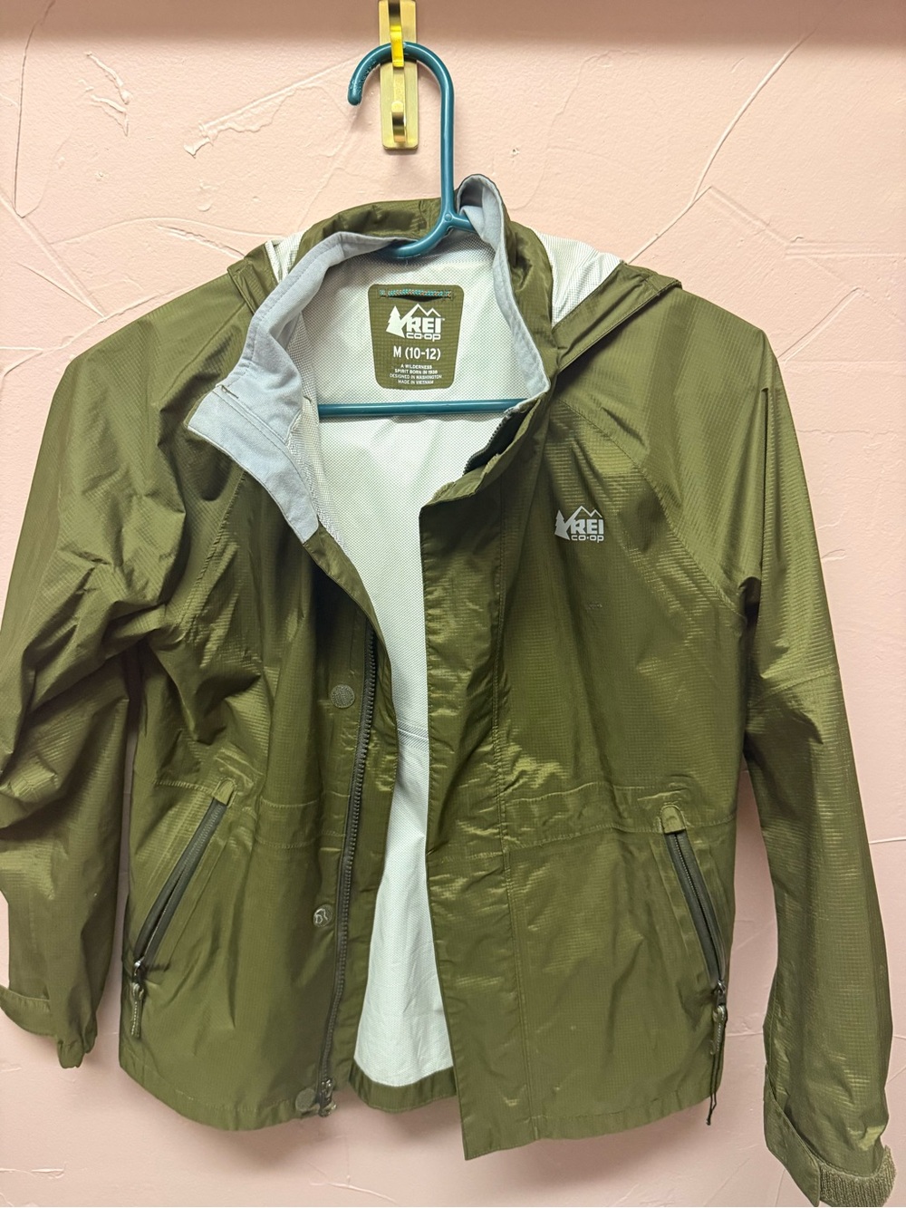 REI Youth M 10/12 Olive Green Hiking Jacket with Gray Lining